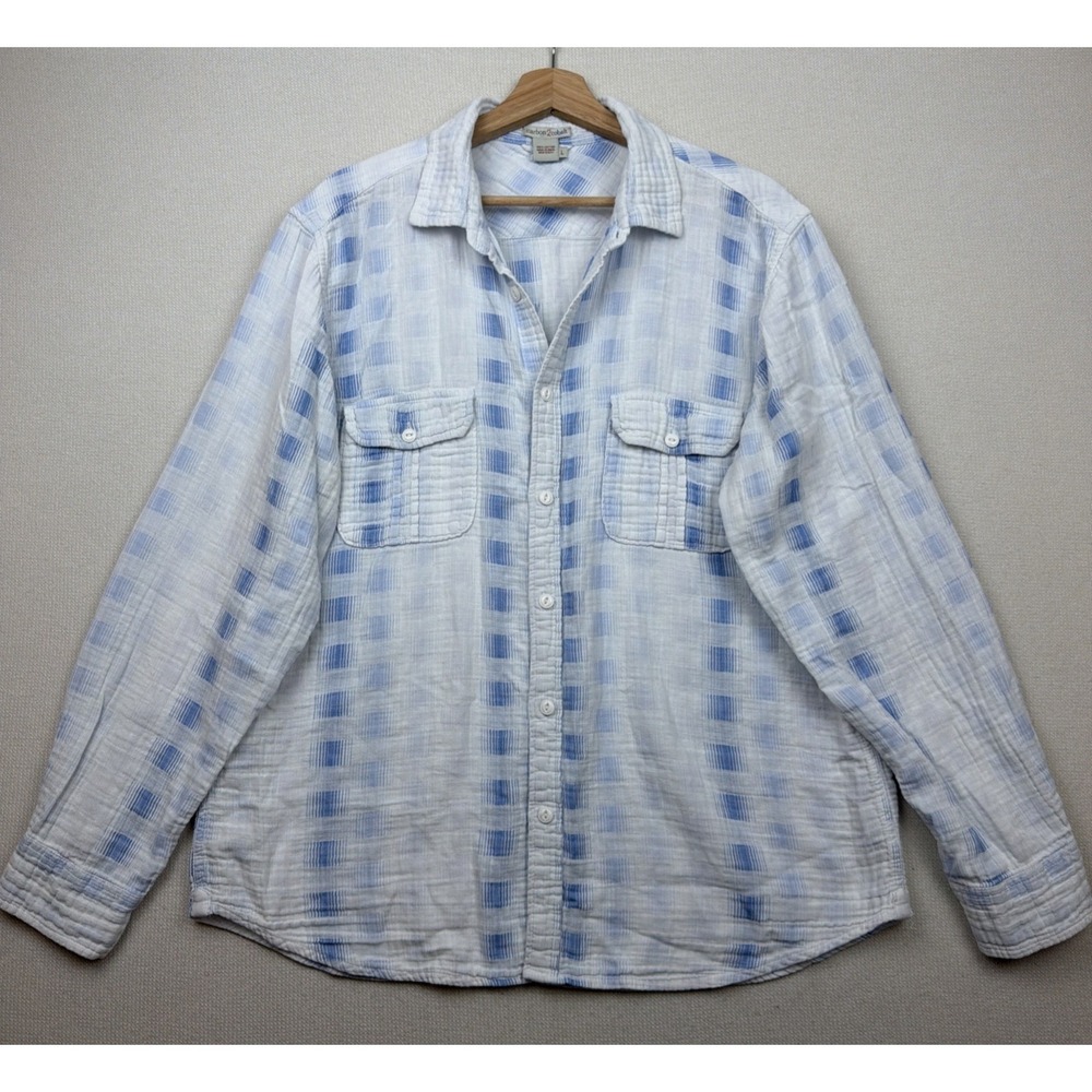 carbon2cobalt Shirt Mens Large White Blue Plaid Long Sleeve Gauze Pockets Cotton